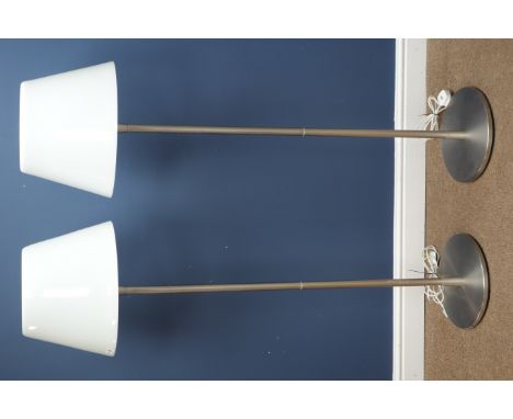 Pair burnished chrome standard lamps on circular bases with white tapered glass shades, H146cm (This item is PAT tested - 5 d