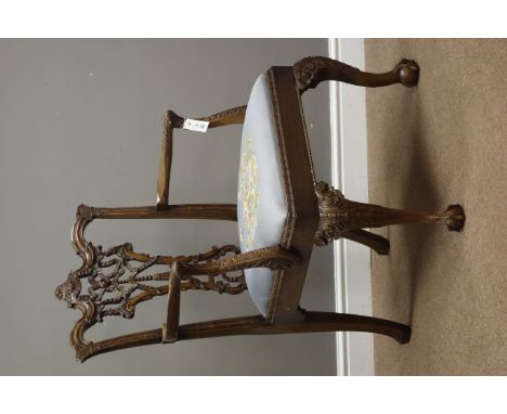 Fine 20th century Chippendale style armchair, shaped cresting rail above pierced ribbon tied carved splat, acanthus leaf carv