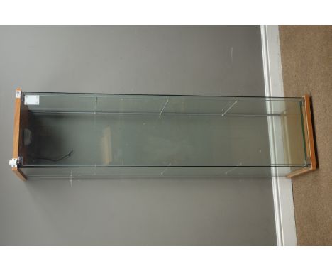 Light wood and glazed free standing shops display cabinet, W43cm, H164cm, D37cm - no key