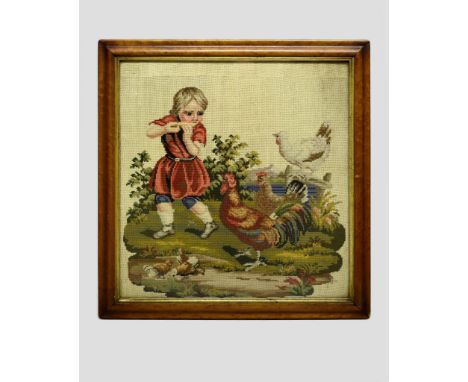 Berlin woolwork picture, depicting a child playing a harmonica(?) with bantams and chicks at her feet among flowers and folia