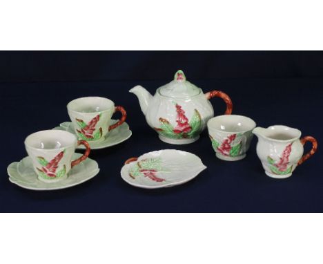 CARLTON WARE 'AUSTRALIAN' POTTERY TETE A TETE, foxglove and leaf moulded design, viz TEAPOT, CREAM JUG AND SUGAR BOW, PAIR TE