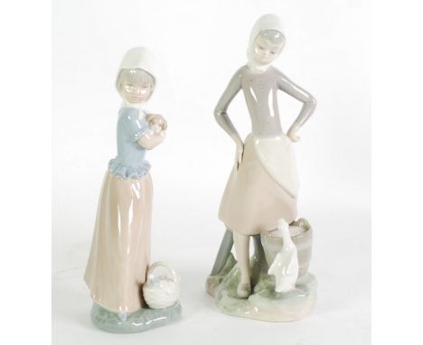 LLADRO PORCELAIN FIGURE OF A GIRL with goose and milk pail and a NAO FIGURE of a little girl with puppy (2) 