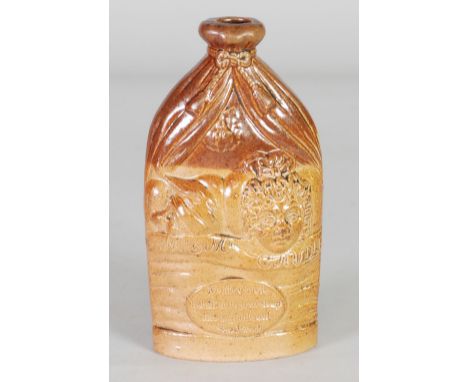 NINETEENTH CENTURY DOULTON AND WATTS 'Mr and Mrs Caudle', MOULDED SALT GLAZED POTTERY FLASK, moulded with figures and oval ca