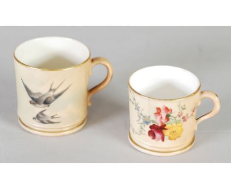 TWO HAND PAINTED ROYAL WORCESTER BLUSH CHAIN MINIATURE MUGS, one painted with swallows, 2" (5.1cm) high, the other with flowe