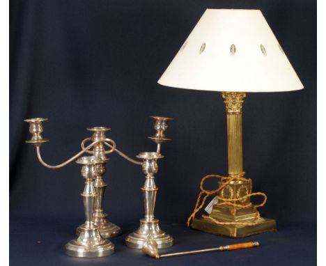 ELECTROPLATE THREE LIGHT CANDELABRUM with reflex scroll branches with detachable sconces and bead edges, PAIR OF MATCHING CAN