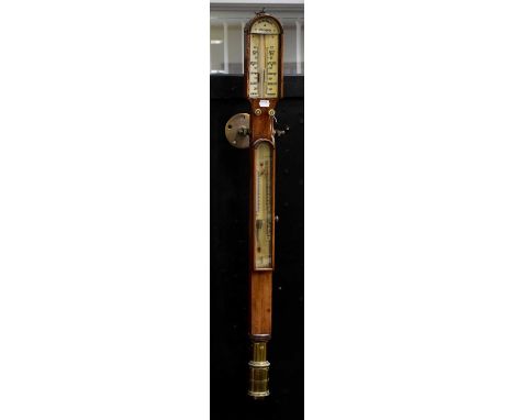 X M. STEWART, GLASGOW; a Victorian oak cased gimbal mounted marine barometer/thermometer with brass hinged gimbal bracket, iv