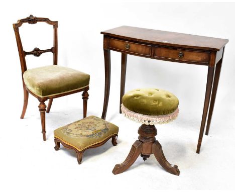 An Edwardian mahogany adjustable piano stool with circular button upholstered top, together with an Edwardian bedroom chair, 