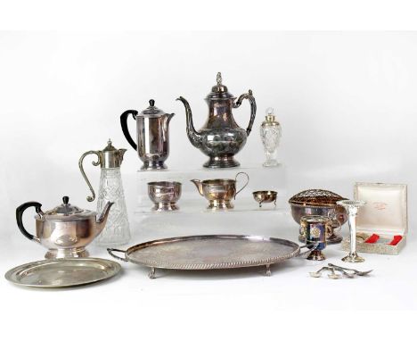 A quantity of silver-plated ware to include a three-piece tea service, teapot, cut glass claret jug, twin handled tray etc.