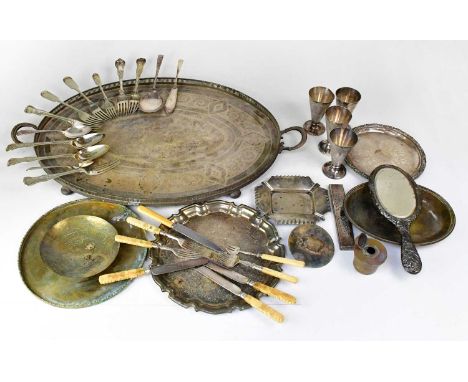 A mixed lot of silver-plated items, to include a large twin-handled tray, flatware, goblets, a hand mirror, etc.Condition Rep