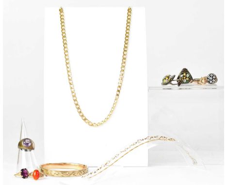A small group of jewellery, to include two 9ct yellow gold rings, one set with an amethyst-style stone, the other set with an