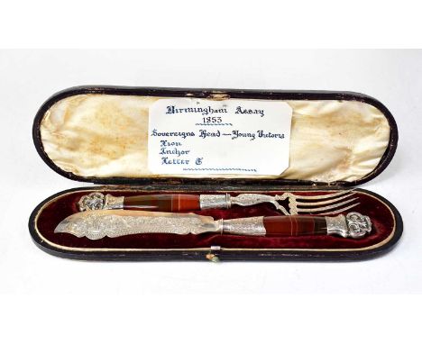 GEORGE UNITE; a cased pair of Victorian hallmarked silver fish servers with agate handles, length of fish knife 23.5cm, Birmi
