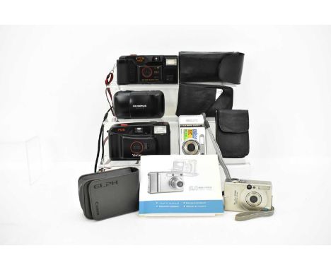 Five modern pocket cameras, comprising a Canon Powershot SD 100, an MX JVC 5 megapixel digital camera Model IX500, with instr