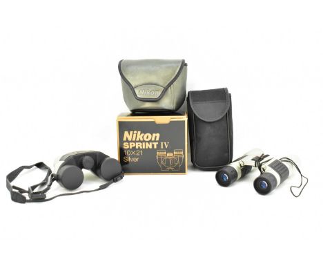 Two pairs of modern pocket binoculars, comprising a pair of Nikon Sprint IV 10x21 Silver, boxed, and a pair of Horizon 12x32 