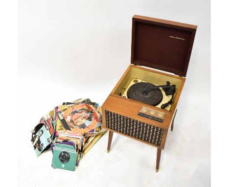 A Hi Fidelity triple speaker record player, in mahogany case on turned tapering legs, height 59cm, together with a quantity o