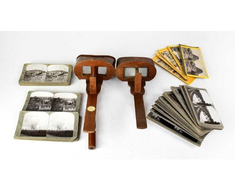 Two vintage wooden slide viewers, one stamped 'The Triumph Realisticscope' by the Fine Art Photo Publishing Co London, togeth