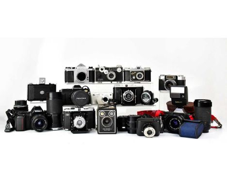 A collection of cameras to include a Nikon F-601m, a Zeiss Ikon Nettar folding camera, Pentax, a Canon T70, an Adox Golf fold