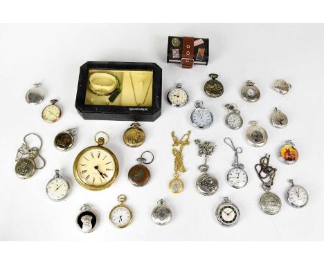 A collection of modern pocket watches, a Smiths stopwatch, etc.