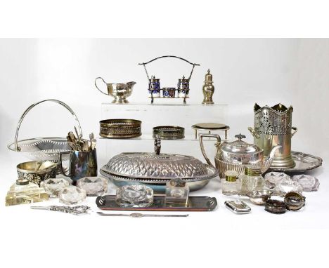 Various hallmarked silver items including a squat three-piece cruet, a pepperette, a matchbox cover, spoons, a penknife, a si