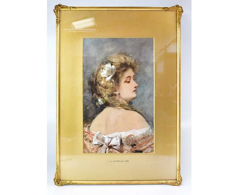 A small mixed lot of paintings and prints comprising a watercolour portrait of a young lady, signed 'Bouvier' lower right and