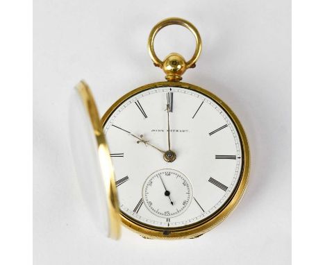 JOHN STEWART; a Victorian 18ct yellow gold key wind open face pocket watch, the white enamelled dial set with Roman numerals 