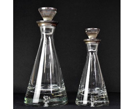 W. I. BROADWAY &amp; CO; a set of two Elizabeth II hallmarked silver mounted glass decanters with stoppers, Birmingham 2004, 