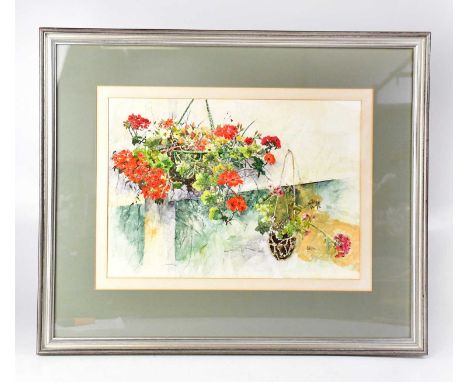 IRIS COLLINS (20th century); watercolours, 'Hanging Baskets', signed lower right, signed and titled label verso, 30 x 42cm, t
