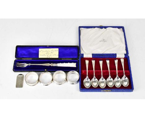 Mixed hallmarked silver items comprising a boxed set of six Walker &amp; Hall English pattern and engraved teaspoons, four va
