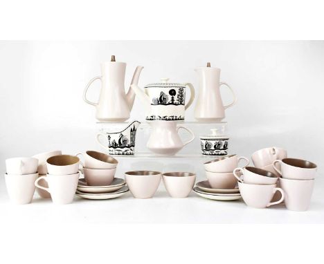 ROYAL WORCESTER; a 'Scottie Wilson' three-piece tea service, together with a Poole coffee and tea service in brown, comprisin