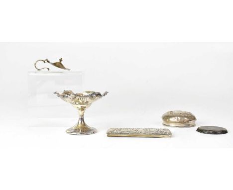 A collection of hallmarked silver items to include a small pedestal bonbon dish, two lids from dressing table pots, and the b