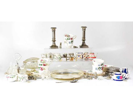 A collectors' lot of miniature porcelain teapots, silver-plated ware including candlesticks, a part Royal Stafford tea servic