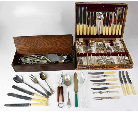 A quantity of boxed and loose silver plated flatware including pastry forks, dessert spoons, a fish service, a horn handled c
