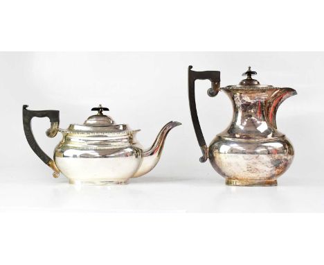 VINERS LTD; a hallmarked silver teapot and hot water jug, with ebonised handle and knop, Sheffield 1966, combined approx. 44.