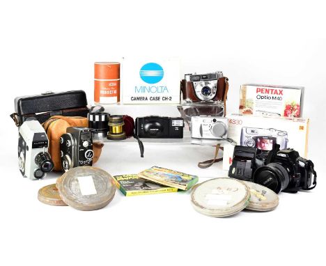 A quantity of cameras and accessories, to include a Quarz cine camera with instruction booklet and carry case, a Quarz-5 cine