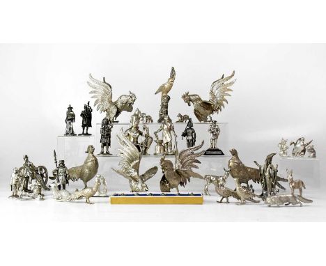 A collection of pewter and silver-plated animals and miniature figures, including a boxed set of six Winter Reproductions Ltd