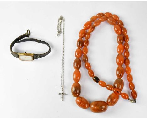 A vintage amber-style necklace of graduated mottled-effect beads, with screw clasp, length 74cm, a ladies' Maurice Lacroix wr