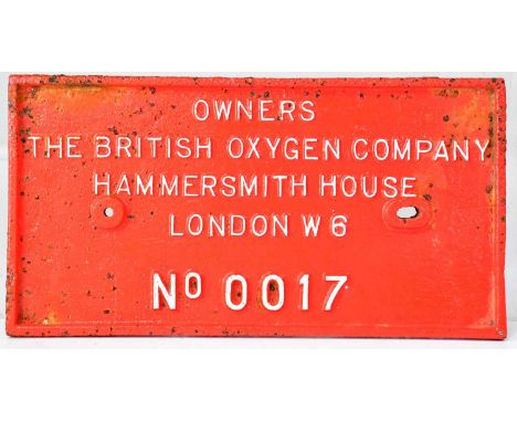 A vintage bright red painted cast iron plaque for 'Owners The British Oxygen Company Hammersmith House London W6 No 0017', 17