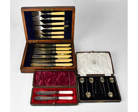 WILLIAM SUCKLING LTD; a cased set of George V hallmarked silver coffee bean spoons with sugar tongs, Birmingham 1924, combine