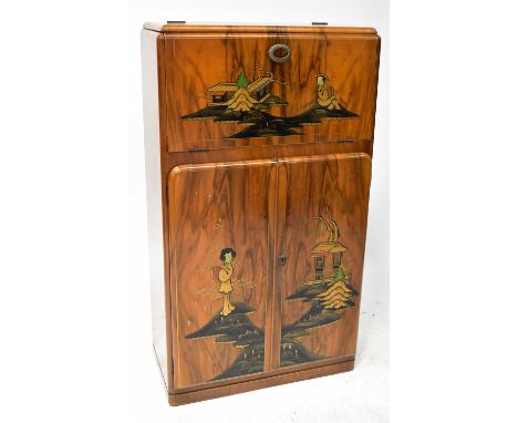 RIVINGTON PRODUCT, LONDON; a mid-20th century walnut cocktail cabinet with gilt-heightened Oriental scenes to the front, the 