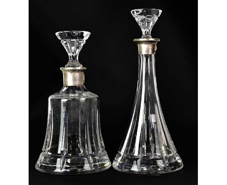 DIX JEWELLERY LTD: two 20th century silver collared cut glass decanters from the same set, height 30 and 26cm, London 1992 (2