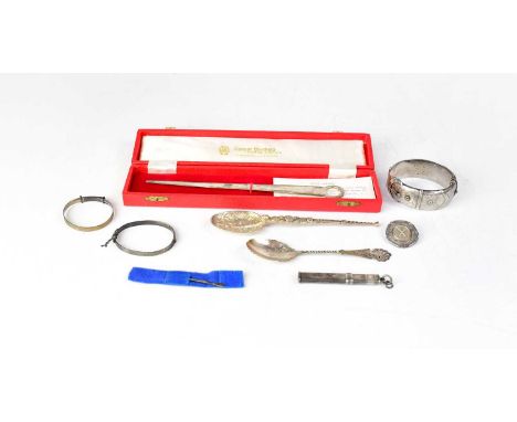 COOPER BROTHERS &amp; SONS; a cased hallmarked silver meat skewer, Sheffield 1973, together with other hallmarked silver item