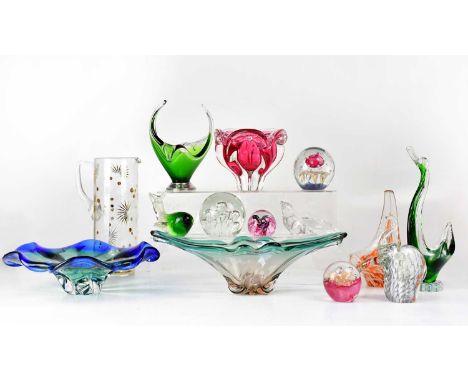 A quantity of vintage coloured glass, to include flower-shaped bowls, glass animals, paperweights, etc (2).