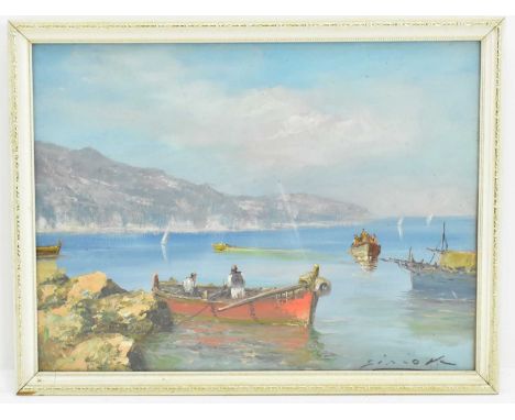 A 20th century Neapolitan School oil on board, depicting a red hulled fishing row boat by coastline rocks, signed lower right