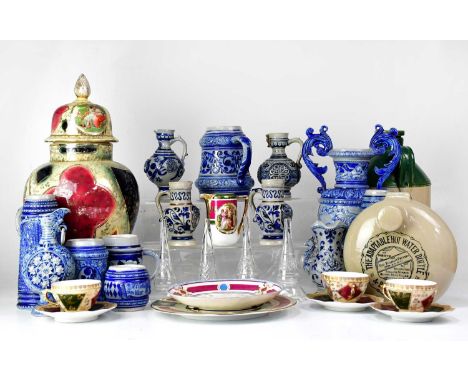 A quantity of 20th century German blue and white stoneware including ewers, beakers, jugs, etc, also a small quantity of Roya