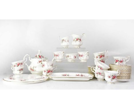 ROYAL ALBERT; a collection of 'Lavender Rose' pattern teaware to include cups, saucers, sandwich plate, side plates, teapot, 