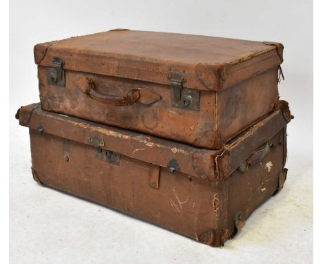 A Victorian mahogany writing slope with two glass inkwells, 18.5 x 48 x26.5cm (af), a canvas travelling trunk with painted na