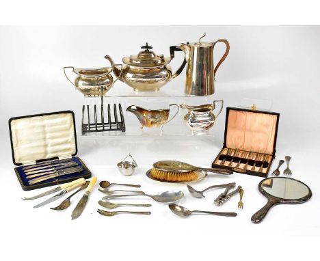 A large quantity of cased and loose silver plated flatware, to include a cased set of coffee spoons with blue coffee bean fin