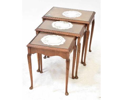 A Georgian-style circular-topped occasional table with burr walnut centre, 60 x 49cm, an Ercol-style nest of three tables, an