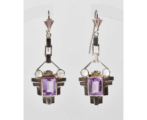 A pair of white metal geometric design earrings set with amethyst and moonstone, length approx. 5.1cm, unmarked.