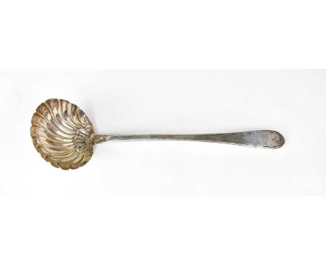 PHILIP WEEKES; a William IV Irish silver ladle with shell-form bowl and engraved handle, length 27cm, Dublin 1834, approx. 3.