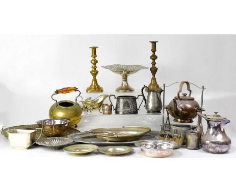 A good quantity of predominantly silver-plated items including a spirit kettle on burn stand with wicker handle, coffee pots,